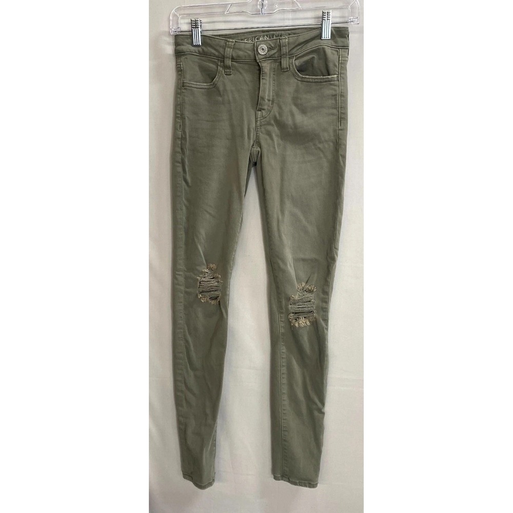 American Eagle Outfitters Skinny Jeans Women 0 Olive Cotton Stretch Distressed